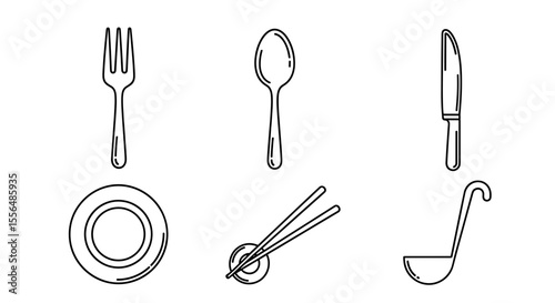Various kitchen utensils including a fork, spoon, knife, plate, chopsticks and a ladle are displayed