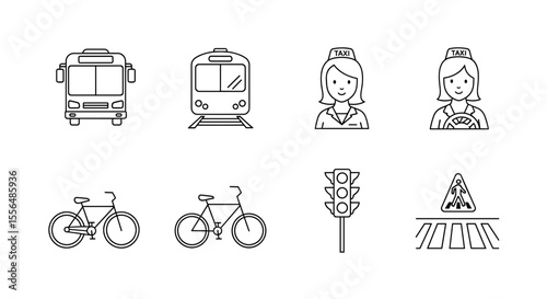 Outline illustrations depicting transportation modes and pedestrian crossing signals shown together neatly aligned