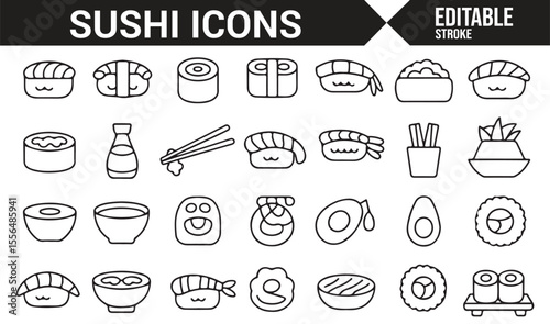 Icons of sushi, rice, and soy sauce for food-related graphic projects