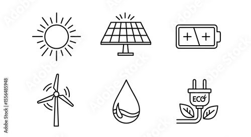 Illustration showcasing renewable energy sources including sun, wind, water, and solar power icons