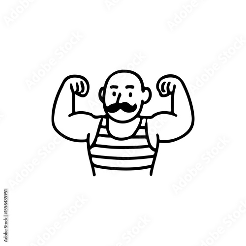 Strongman cartoon illustration featuring a mustached man flexing in a striped tank top. Vector art emphasizing vintage fitness and bodybuilding themes. Ideal for gym branding and retro designs.