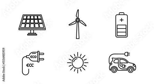 Illustrative icons depicting renewable energy sources and electric vehicle technology usage today now