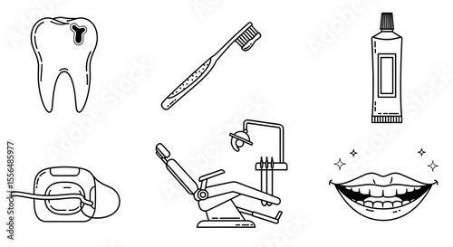 Dental health icons depicting tooth decay, toothbrush, paste, floss, chair, and shining smile icons