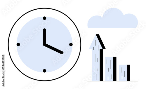 Clock beside ascending bar chart and cloud symbolizing productivity, growth, and planning. Ideal for time tracking, success strategies, business growth, personal productivity, efficiency, goal