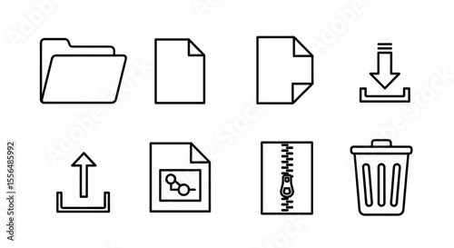 Collection of eight distinct outline icons depicting file management and utilities features