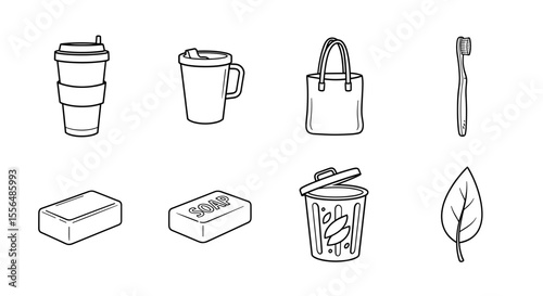 Assortment of reusable items including cups, bag, toothbrush, soap, trash bin, and leaf illustration