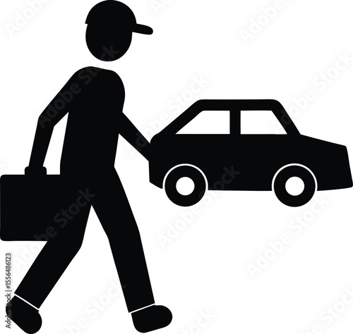 Person walking with briefcase and car next to them silhouette vector illustration
