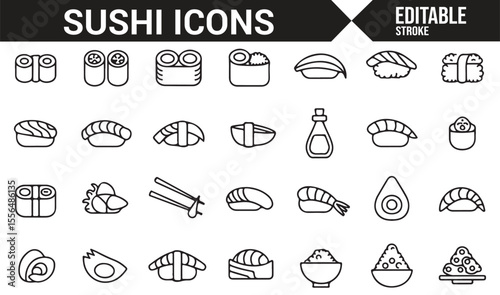 Minimalistic sushi icons representing rolls, rice, fish, and condiments