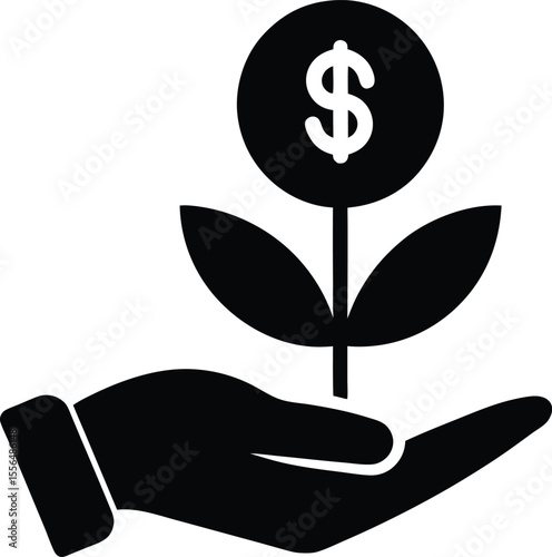 Hand holding money flower growing concept silhouette vector illustration