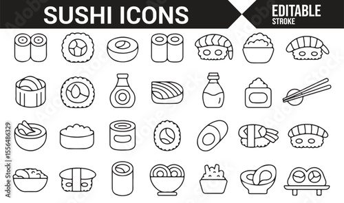 Set of sushi icons depicting various sushi rolls, fish, and condiments