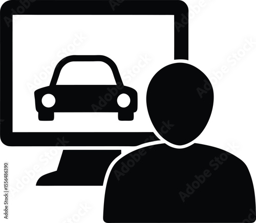 Person looking at car on computer screen silhouette vector illustration