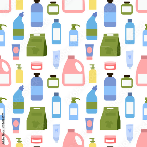Colorful pattern design featuring various bottles and containers for household products