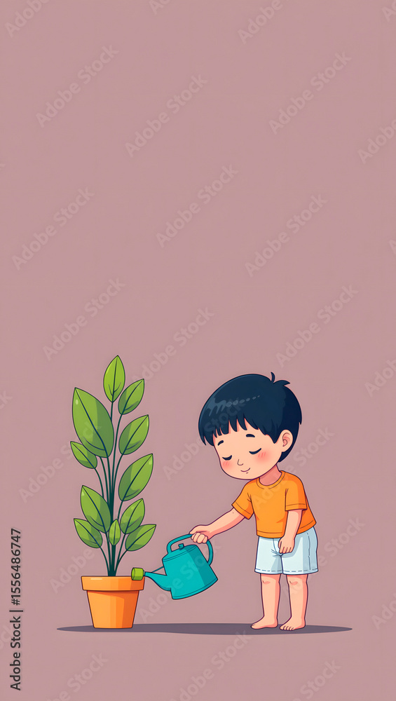 Young boy watering potted plant at home in casual attire - Kids planting trees Young boy watering potted plant at home in casual attire - Kids planting trees