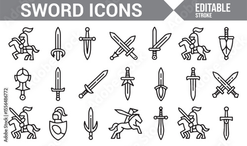 Set of simple sword and shield icons for use in fantasy, game, and combat designs