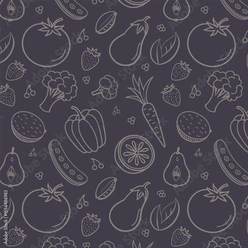 Seamless pattern of hand drawn fruits and vegetables in a simple outline style
