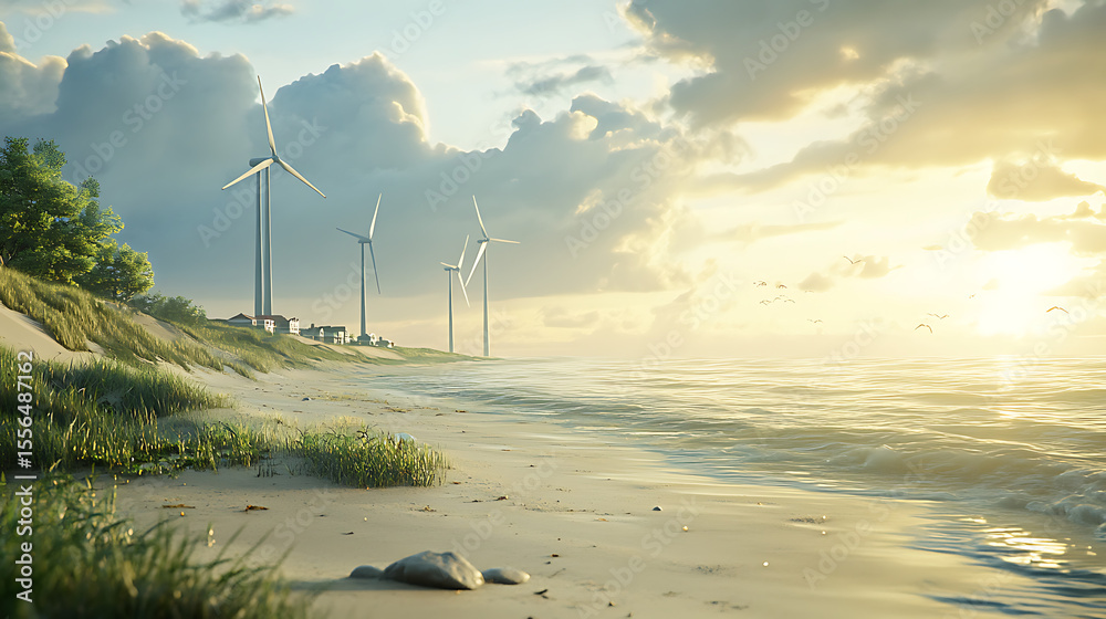 Obraz premium A bright clear day with wind turbine on the beach