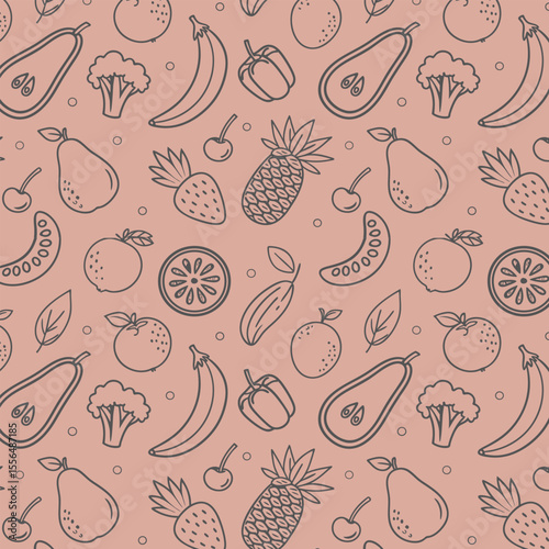 Seamless pattern of hand drawn fruits and vegetables in outline style on a pink background