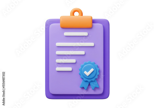 Purple clipboard with orange clip and blue seal of approval with check mark illustration on transparent background