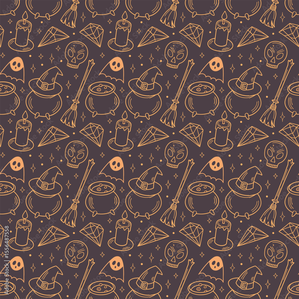 Naklejka premium Whimsical halloween pattern featuring witches hats cauldrons skulls ghosts candles and gems