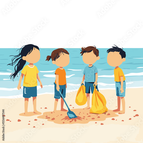 children or kids on the beach cleaning and recycling plastic vector