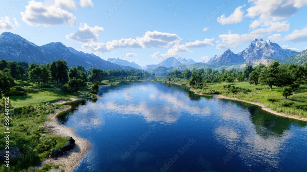 Naklejka premium Expansive natural reserve with crystal-clear river, green woodlands, towering mountains, and soft golden sunlight creating peaceful harmony of sky, trees, and water.