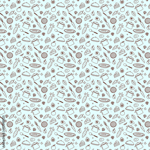 Seamless pattern of hand drawn food and kitchen utensils on a light blue background