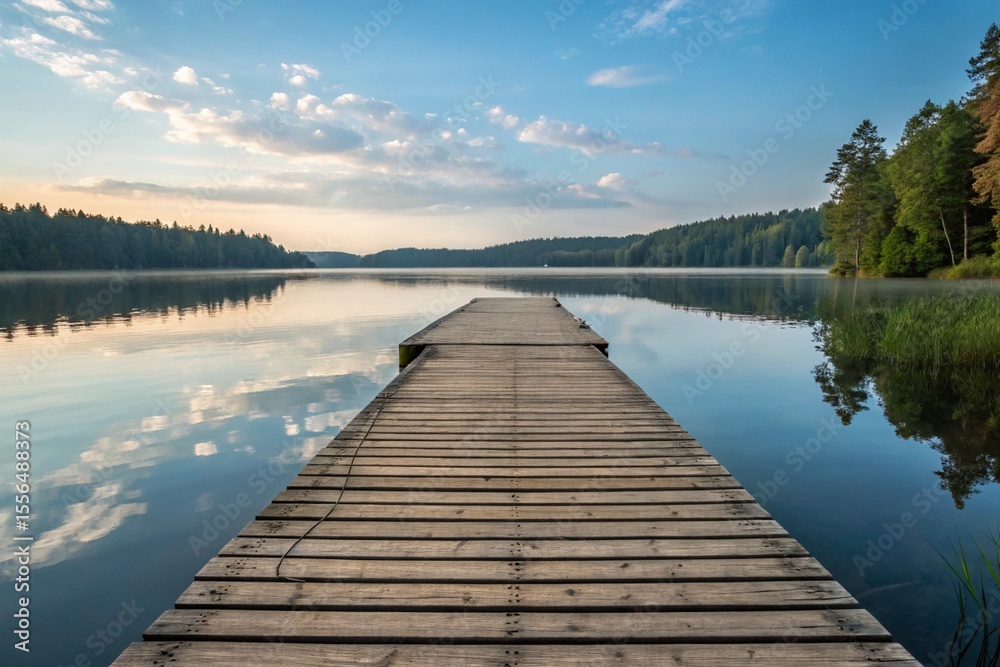 Fototapeta premium Quiet Retreat: Wooden Dock on a Still Lake