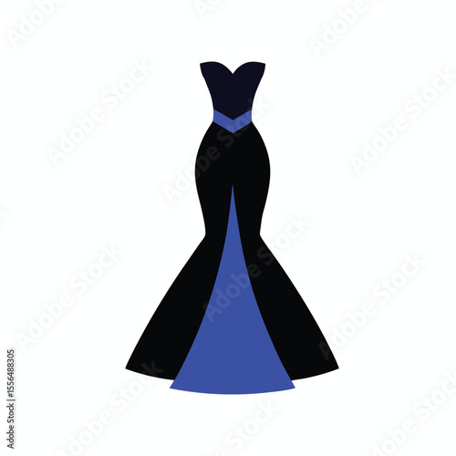 vector silhouette formal dress, wedding grown, cocktail dress, strapless bodice, flared skirt, fashion illustration, elegant, high contrast, minimalist design on white background
