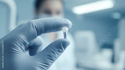 Dental Implant: A gloved hand holds a tooth implant, showcasing modern dentistry for oral health and restoration, in a clinical environment.
