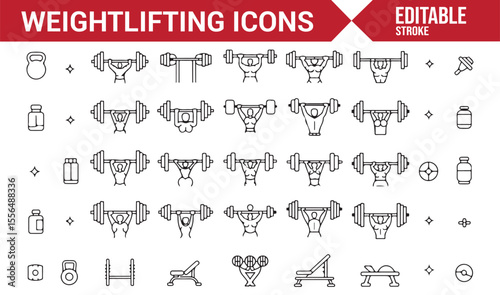 Fitness icons featuring weightlifting actions and workout gear for design projects