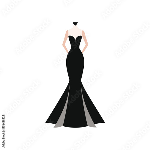 vector black silhouette formal dress, wedding grown, cocktail dress, strapless bodice, flared skirt, fashion illustration, elegant, high contrast, minimalist design on white background