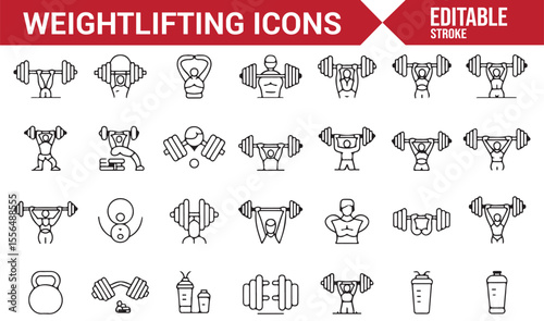 Icons of barbells, dumbbells, and kettlebells for fitness and sports illustrations
