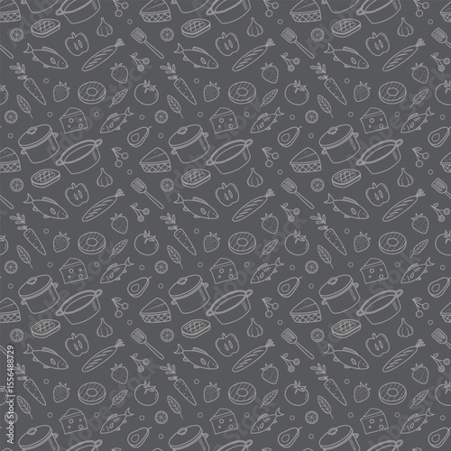 Kitchen pattern with chef's hat, kitchen pot, ladle and vegetables. Vector seamless background. For menu, postcard, restraint, textile, design