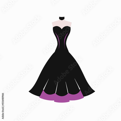 vector black silhouette formal dress, wedding grown, cocktail dress, strapless bodice, flared skirt, fashion illustration, elegant, high contrast, minimalist design on white background