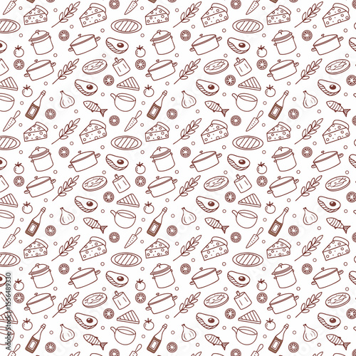 Whimsical food and cooking doodle pattern with cheese fish and pots