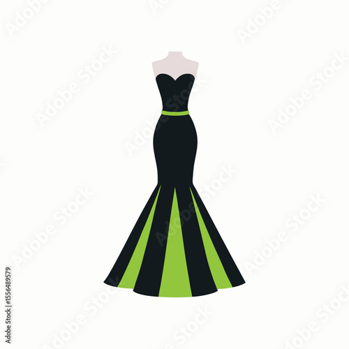 vector art silhouette formal dress, wedding grown, cocktail dress, strapless bodice, flared skirt, fashion illustration, elegant, high contrast, minimalist design on white background