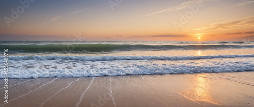 Serene Wide Shot of an Empty Beach at Sunrise with Pastel Sky and Gentle Waves for Wellness Retreats and Travel Destination Advertising