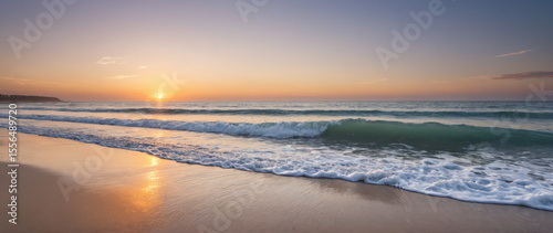 Serene Wide Shot of an Empty Beach at Sunrise with Pastel Sky and Gentle Waves for Wellness Retreats and Travel Destination Advertising