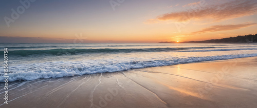 Serene Wide Shot of an Empty Beach at Sunrise with Pastel Sky and Gentle Waves for Wellness Retreats and Travel Destination Advertising