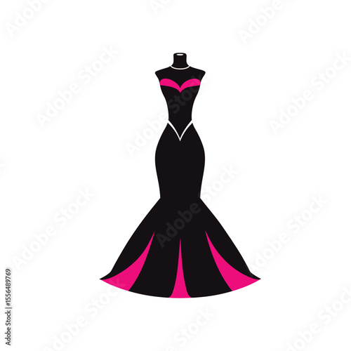 vector art silhouette formal dress, wedding grown, cocktail dress, strapless bodice, flared skirt, fashion illustration, elegant, high contrast, minimalist design on white background