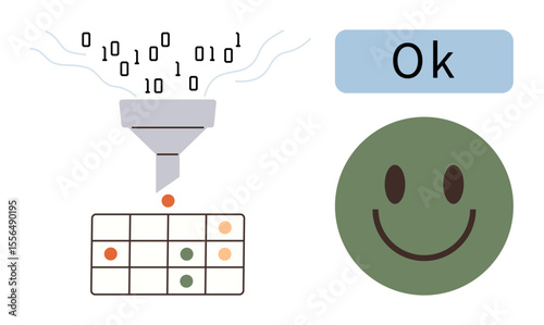 Binary code passed through funnel turns into categorized visual data on grid, leading to a green happy face and Ok. Ideal for data processing, AI, decision-making, analytics, workflow, technology