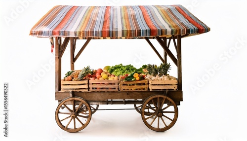 wooden cart overflowing with fresh produce under striped awning