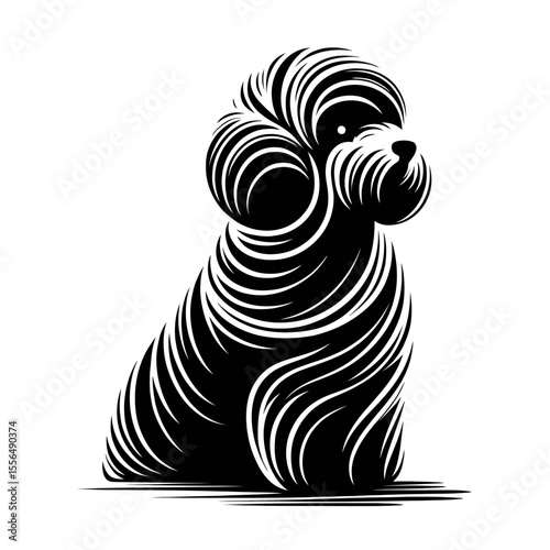 Vector illustration of bichon frise dog designed in black strokes and lines. Family pet, love and care for animals, adoption fair. Types of breeds	
