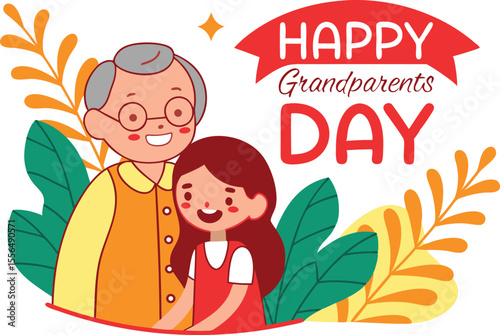 Happy grandparents day illustration featuring a smiling grandfather wearing glasses and a young granddaughter with long hair surrounded by colorful foliage and a festive red banner