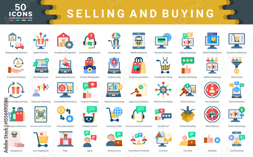 Selling And Buying icon collection. Simple flat vector illustrations.