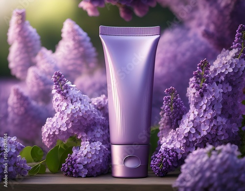 glossy lavender tube among lilacs frontal fresh product shot soft purple bloom tone