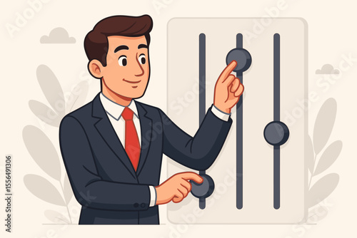 Businessman in suit adjusting control sliders, concept of business management, quality control, customization, decision making, process optimization, leadership, vector cartoon illustration