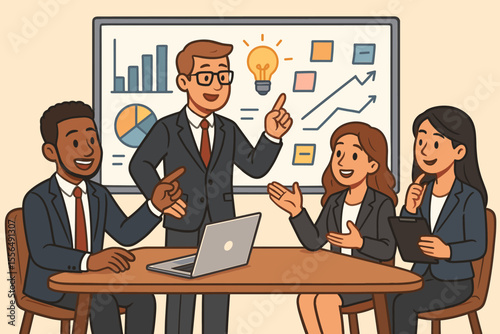 Diverse business team collaborating on strategy in a brainstorming meeting. Man presents new idea with lightbulb icon on whiteboard with charts and graphs. Teamwork concept.