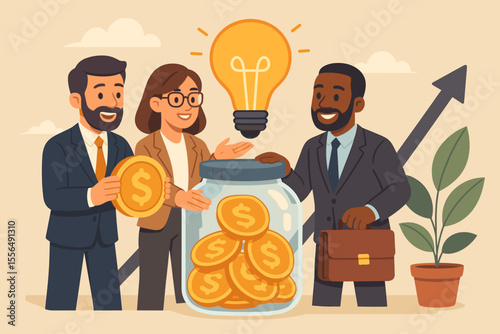 Business team investment in a startup idea. Diverse people putting money in a jar for project funding. Concept of crowdfunding, venture capital, financial growth, and savings.