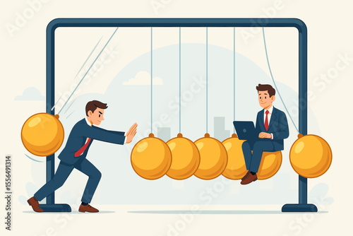 Business metaphor of Newton's cradle showing cause and effect. Man pushes ball for action, another works smart. Concept of startup, momentum, impact, strategy, competition.